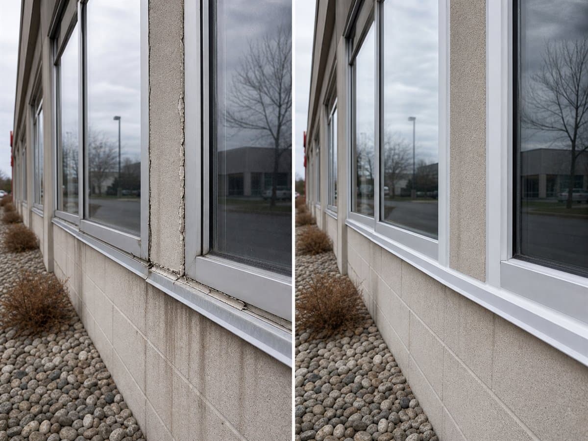 Avant apres calfeutrage et coupe-froid sur un immeuble commercial a Chateauguay