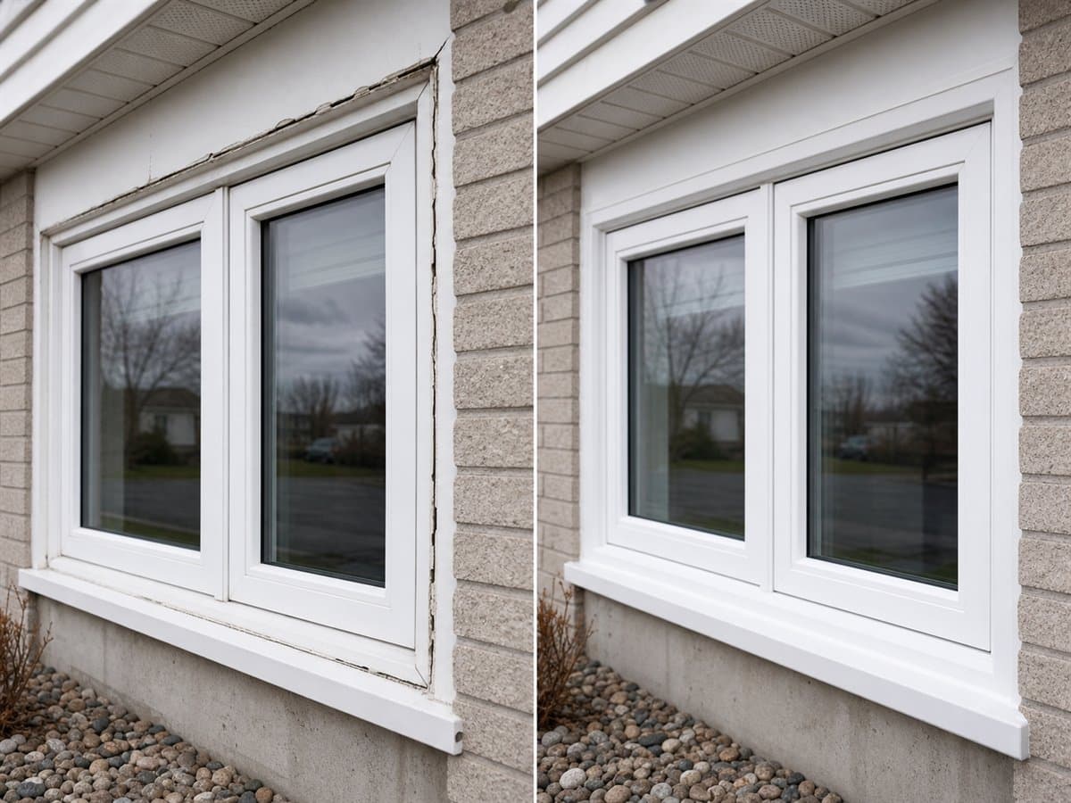 Avant apres calfeutrage de fenetres en PVC sur une maison a Saint-Hyacinthe