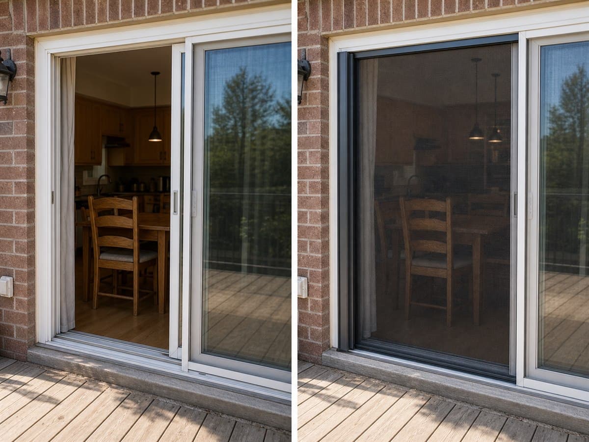 Avant apres installation de moustiquaire a enroulement sur une porte-patio a Repentigny