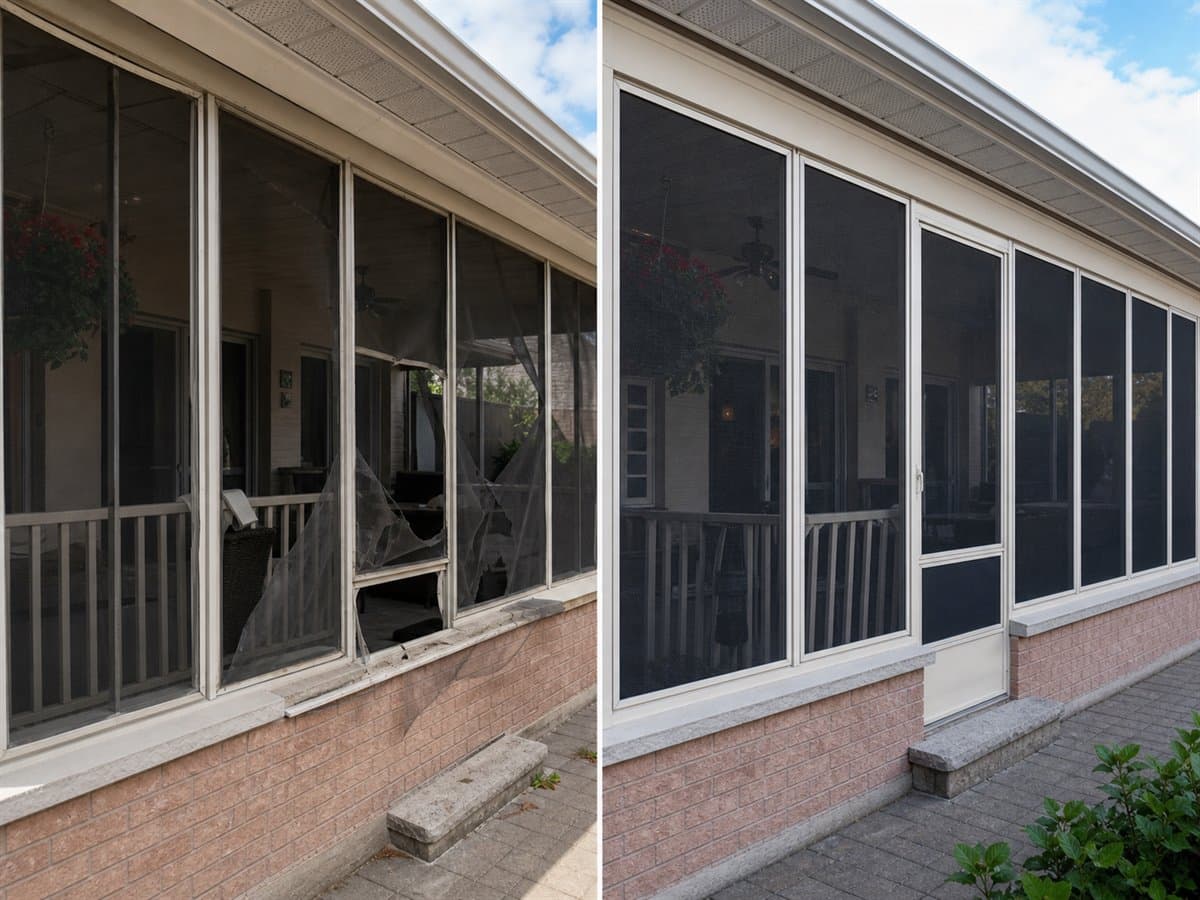 Avant apres installation de moustiquaires sur mesure dans une veranda a Laval