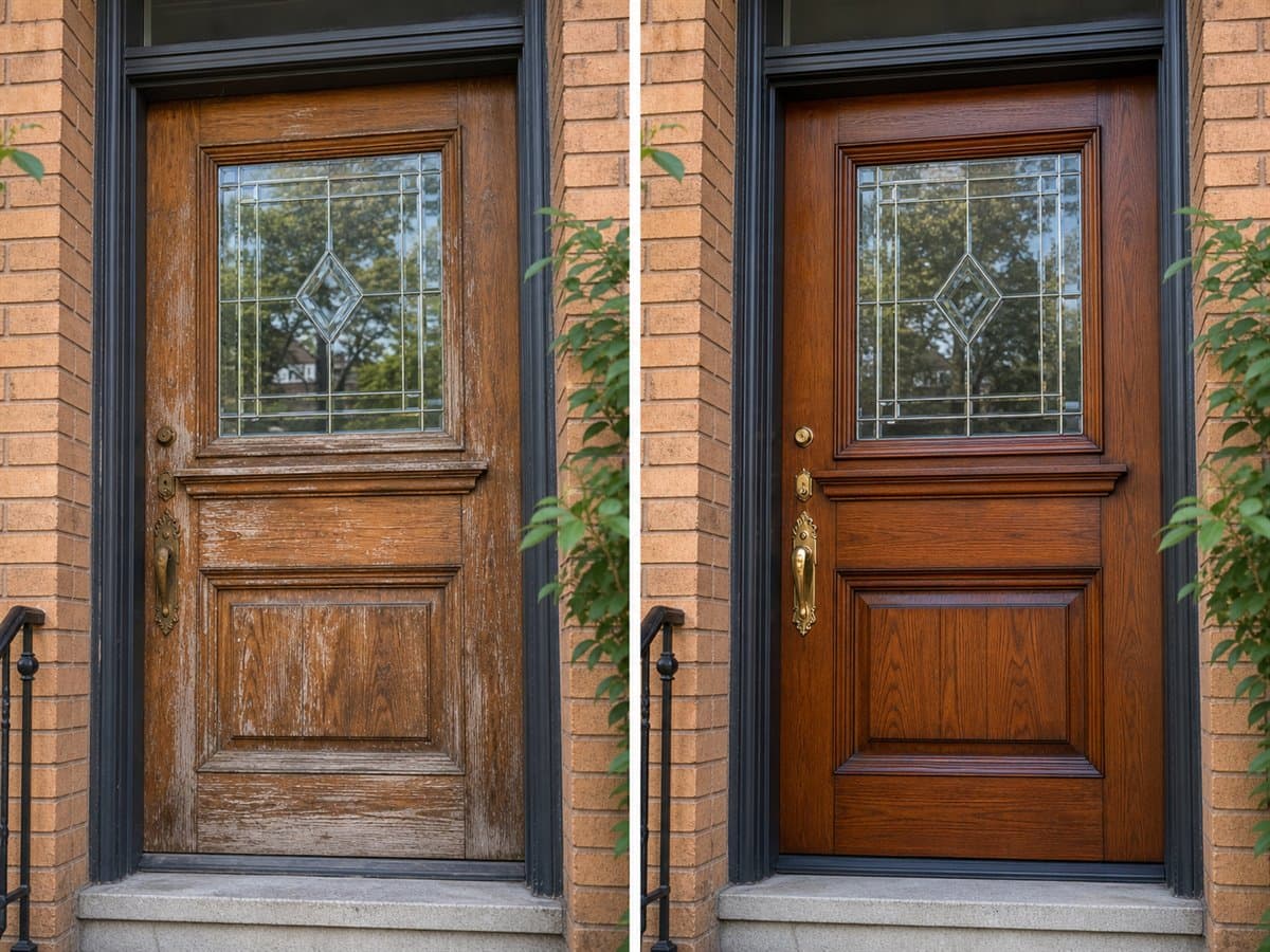 Avant apres restauration d'une porte en bois centenaire sur une maison de Longueuil