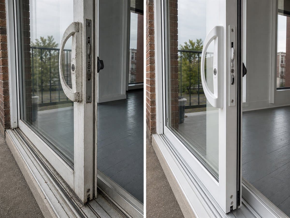 Avant apres remplacement de quincaillerie de porte-patio sur un duplex a Montreal