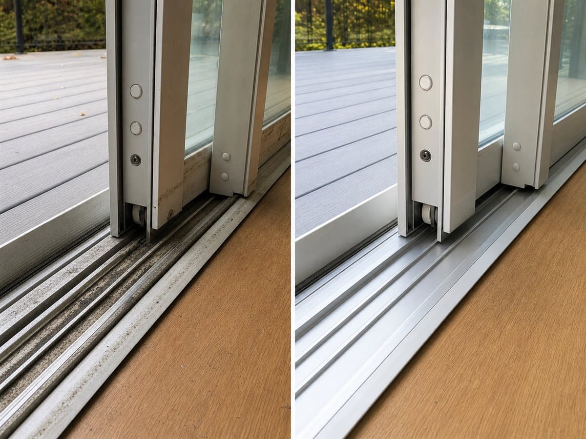 Avant apres remplacement de rail et rouleaux de porte-patio a Blainville