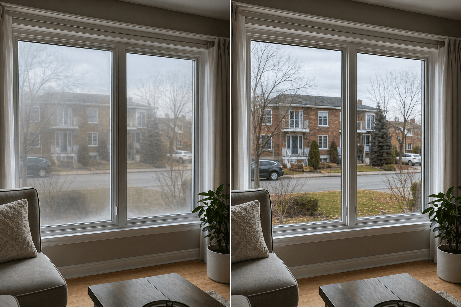 Avant apres d'une vitre thermos legerement embuee au Quebec