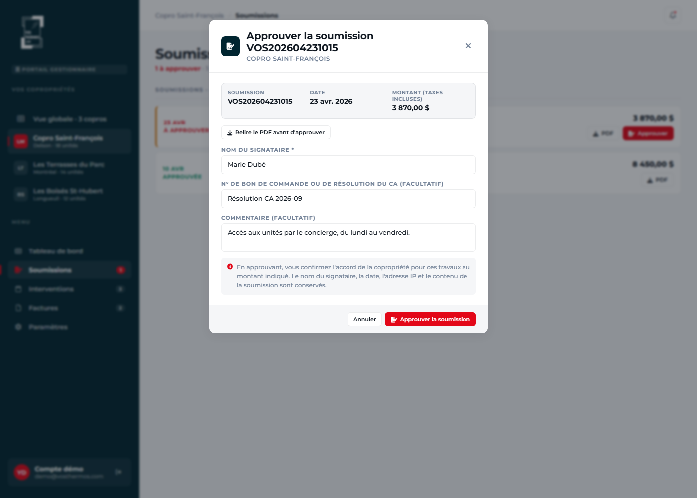Capture de la fenêtre d'approbation d'une soumission