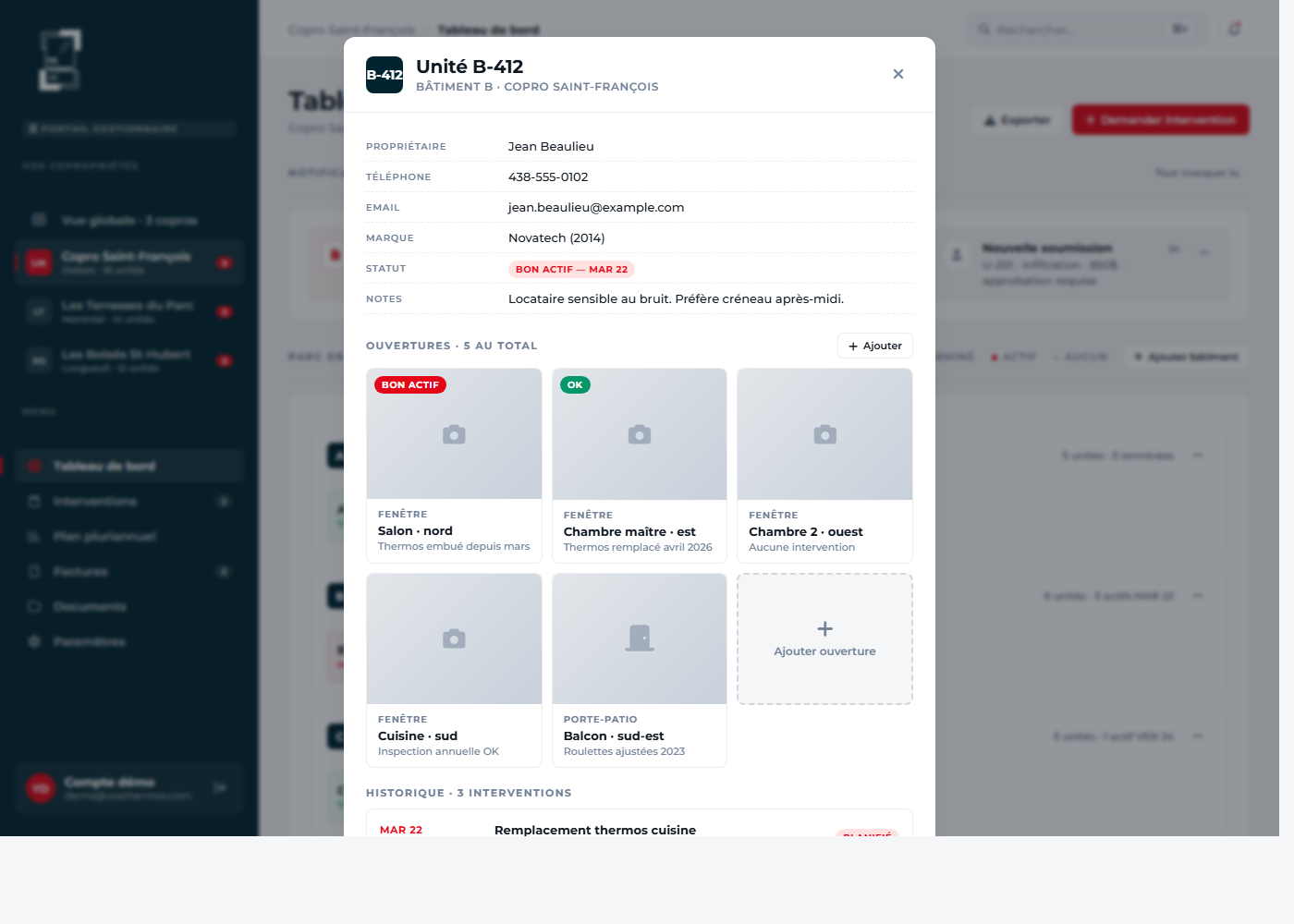Capture d'une fiche unité ouverte dans le portail